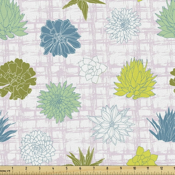 Agave Upholstery Fabric by the Yard, Pattern of Succulent Cacti Motif on Gingham Style Brush Strokes Backdrop, Decorative Fabric for DIY and Home Accents, 2 Yards, Pale Mauve and Sea Blue by Ambesonne