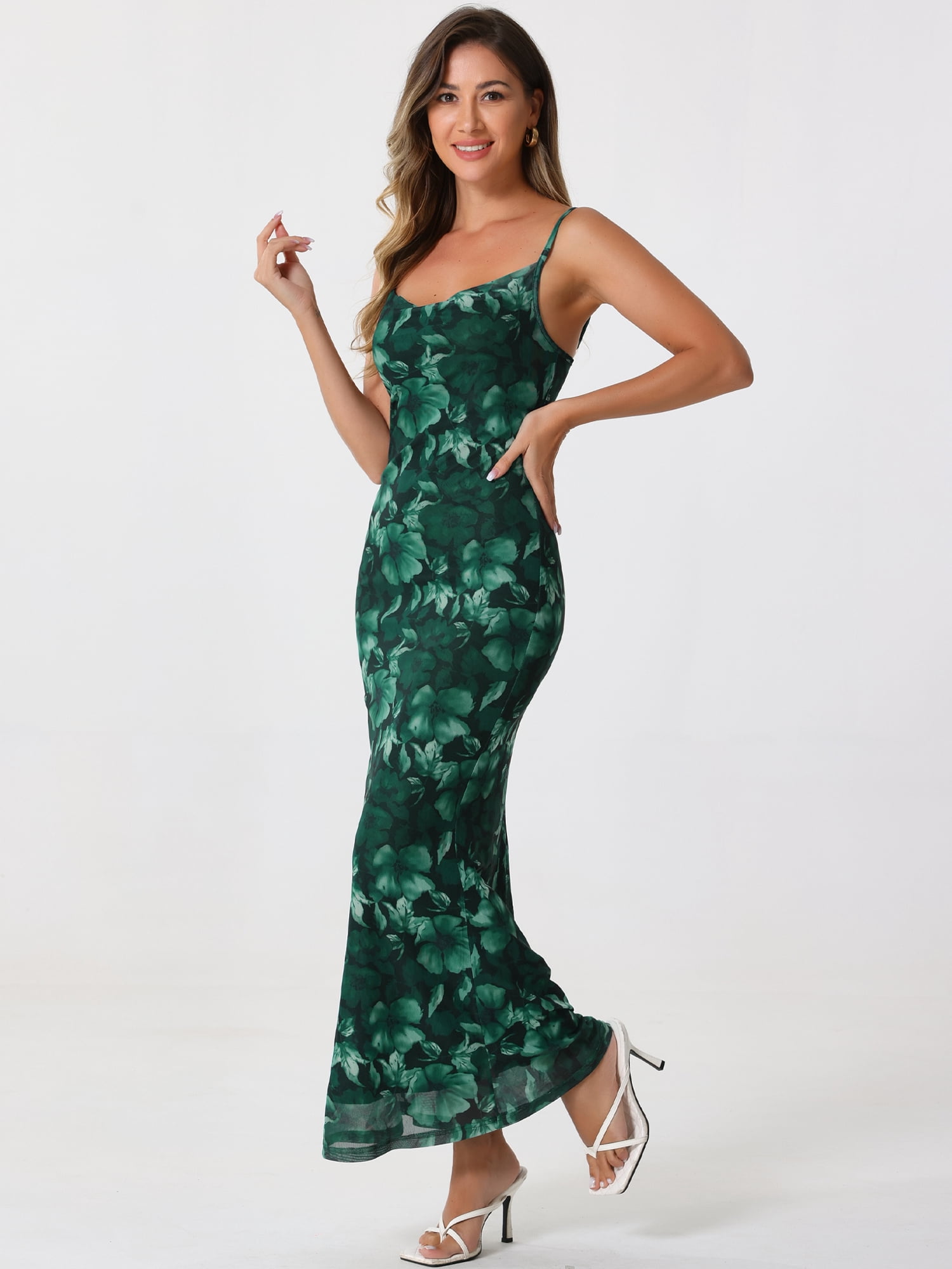 DARING DIVA Floral Maxi Spaghetti Strap Bodycon Dress L Dark Green