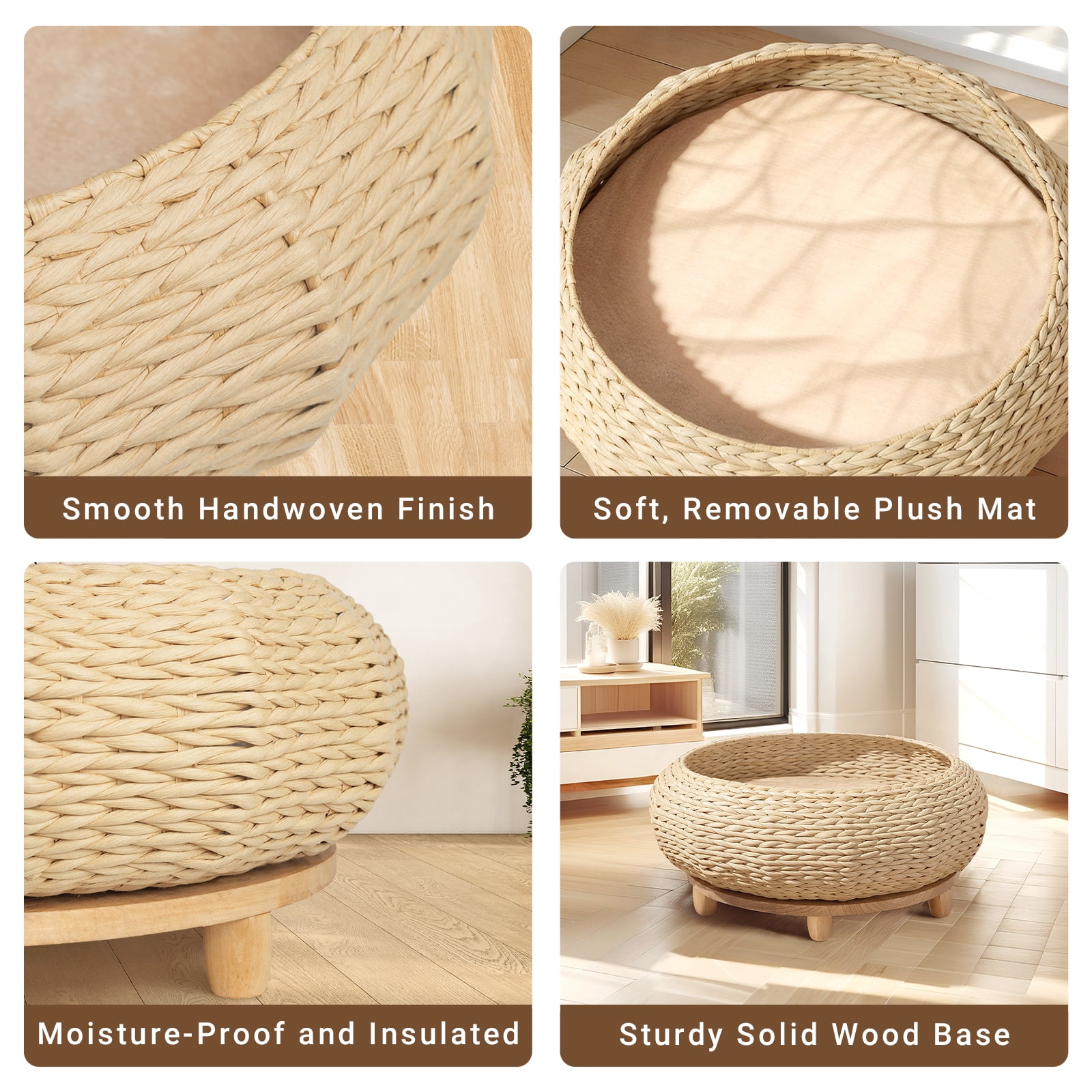 Happy & Polly Sleeping in The Bowl Handwoven Rattan Wood Cat Bed