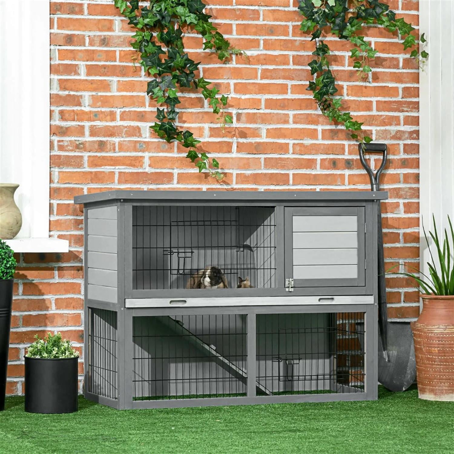 resenkos 43" 2-Story Wooden Rabbit Hutch with Slide-out Tray, Outdoor Small Animal Habitat Enclosure Bunny Cage for Bunnies, Guinea Pigs, Gray