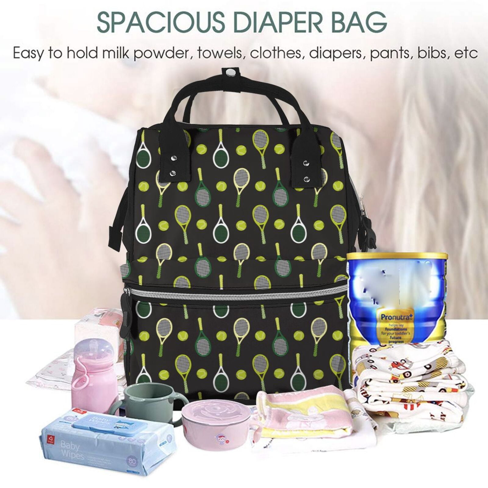 Ratiio Tennis Rackets Mummy Backpack - Waterproof Twill Canvas, Large Capacity Diaper Bag with Multiple Pockets and Adjustable Straps