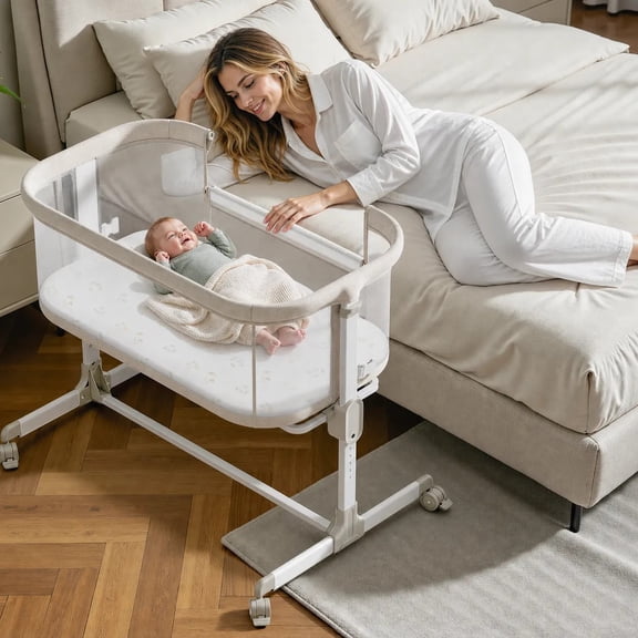 Baby Bassinets with Wheels & High-Density Cotton Fiber Mattress Height Adjustable Baby Crib for Infants, Beige