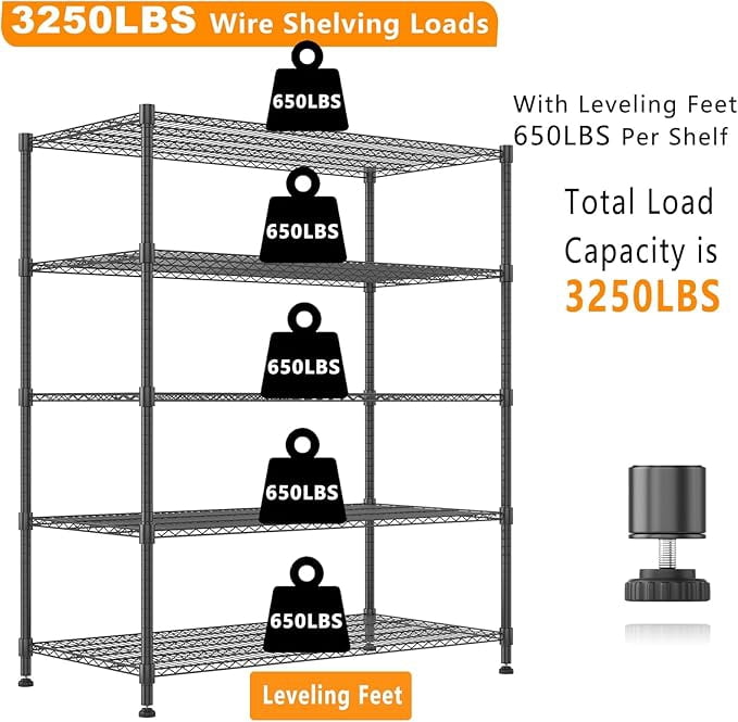 Sailvan 5-Tier Heavy Duty Wire Shelving Unit with Wheels, 48"W x 24"D x 82"H Metal Storage Rack, 3250LBS Capacity, Adjustable Garage Shelves,Black