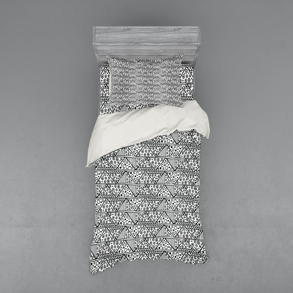 Black and White Duvet Cover Set, Triangles with Chevron Zigzag Bullseye Circles and Stripes Monochrome, Bedding Set with Shams and Fitted Sheet, 3 Sizes, by Ambesonne