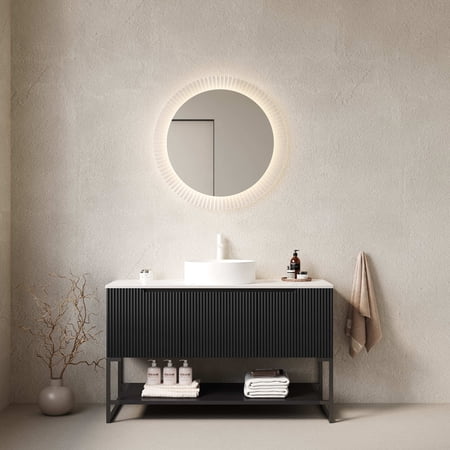 Noble House Tulio 48" Freestanding Bathroom Vanity with Sintered Stone Countertop, White Round Ceramic Basin, Black