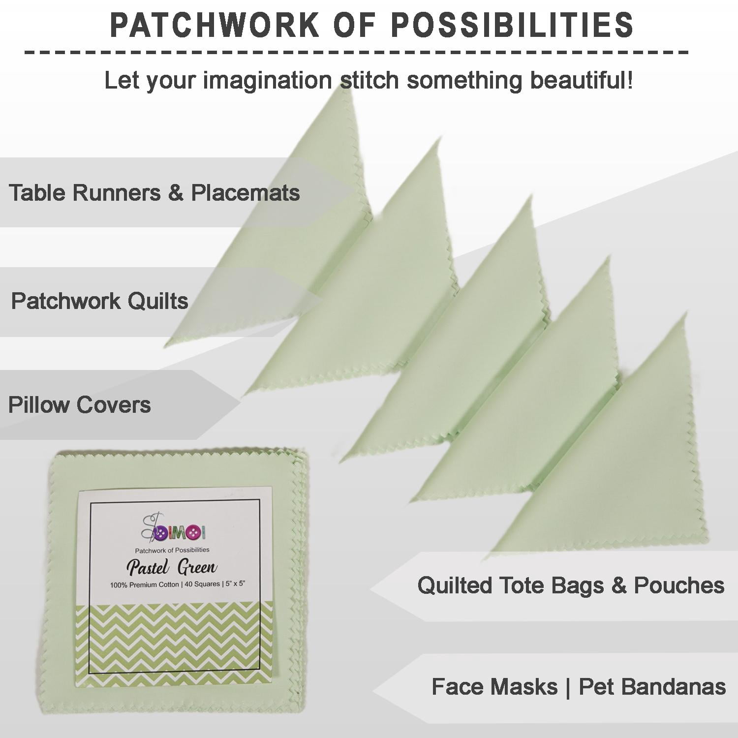 Soimoi 40 Pcs Solid Cotton Fabric Squares Bundles Charm Packs for Quilting, Fat Quarter Layer Cakes, Fabric Scraps for Crafts,Precuts Quilt Squares 5 x 5 inches, DIY Fabric Bundle - Pastel Green