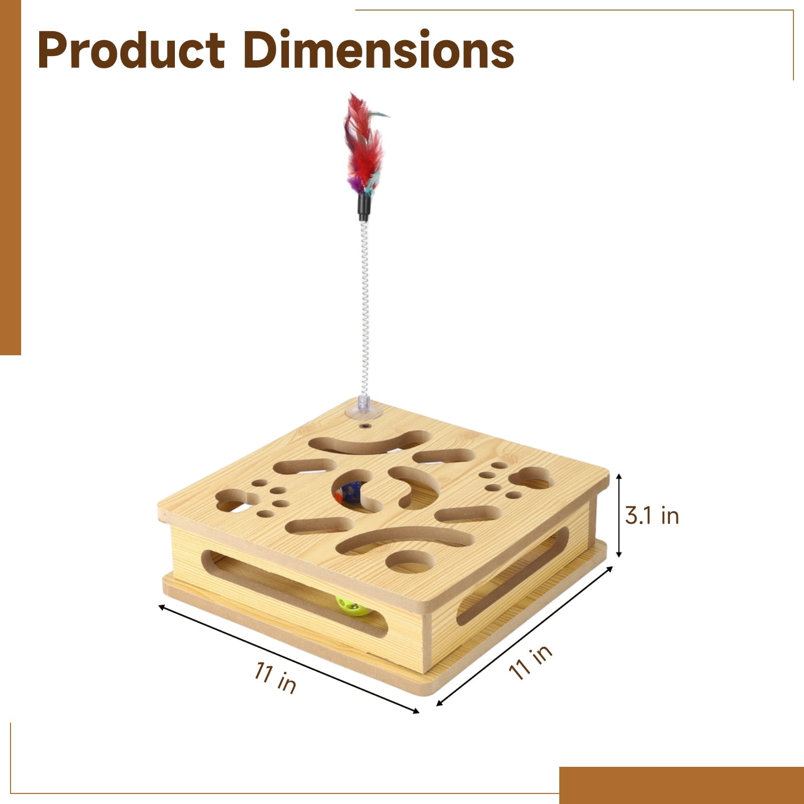 Interactive cat toy box, a wooden cat puzzle toy containing 3 bell balls and a feather wand, with a maze design to stimulate your cat's hunting instincts.