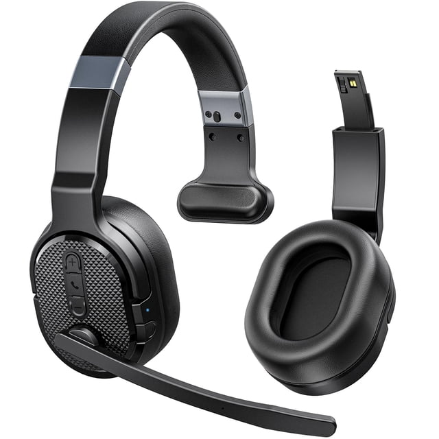 COSMUSIS Trucker Bluetooth Headset, Wireless Headsets with Noise Cancelling Microphone, 40+Hrs HD Talktime Bluetooth Headphones with Detachable Earpad/Single+Dual Mode for Office/Driving/Home