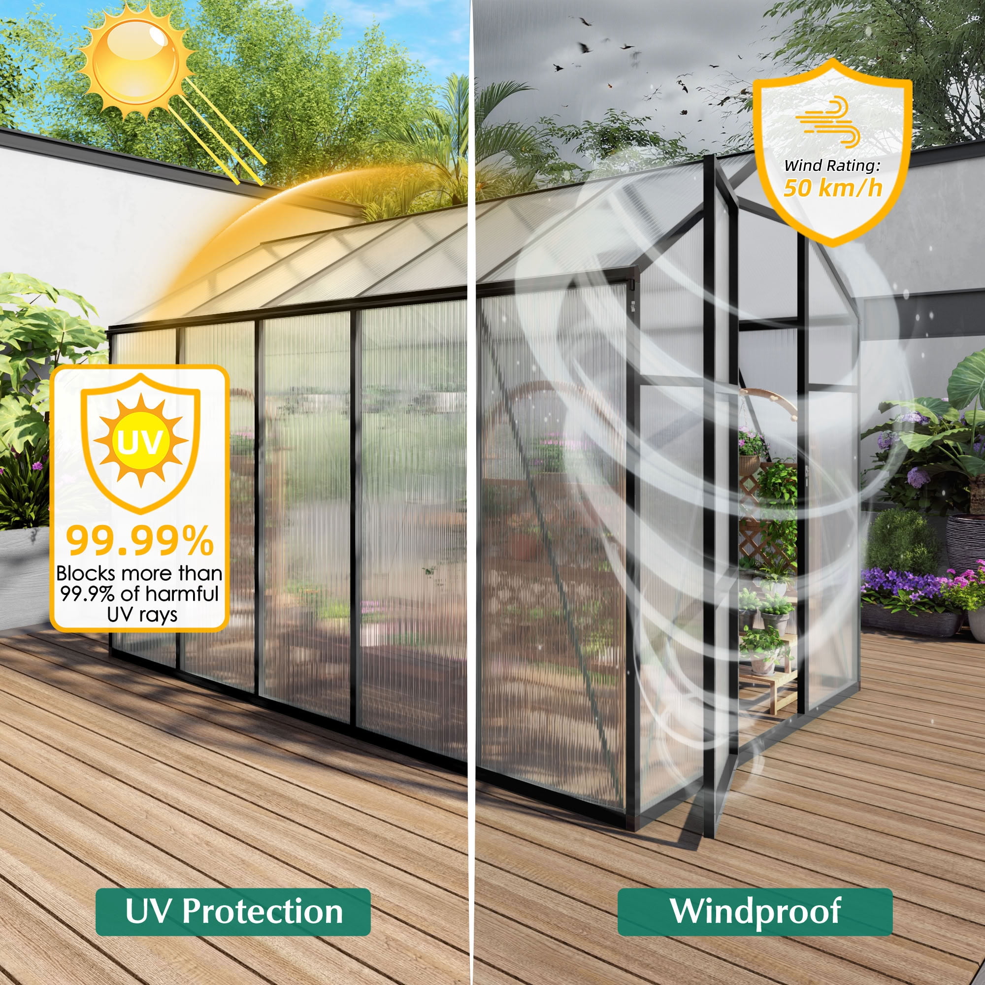 MAYEERTY 6x10 FT Walk-in Greenhouse with Raised Base & Aluminum Frame, All-Season Windproof Greenhouse for Backyard, Garden & Patio