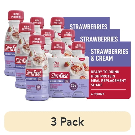 (3 pack) SlimFast High Protein Shake Meal Replacement Shake, Strawberries and Cream, 11 fl oz Bottle, 4 Pack