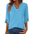 thumbnail image 1 of Mujeres 3/4 Manga de Verano Tops V Cuello Botonado Color Sólido Blusa, Camisetas Casuales de las Mujeres Suelto Ajuste Suave Respirable Primavera de Uso Diario, 1 of 9
