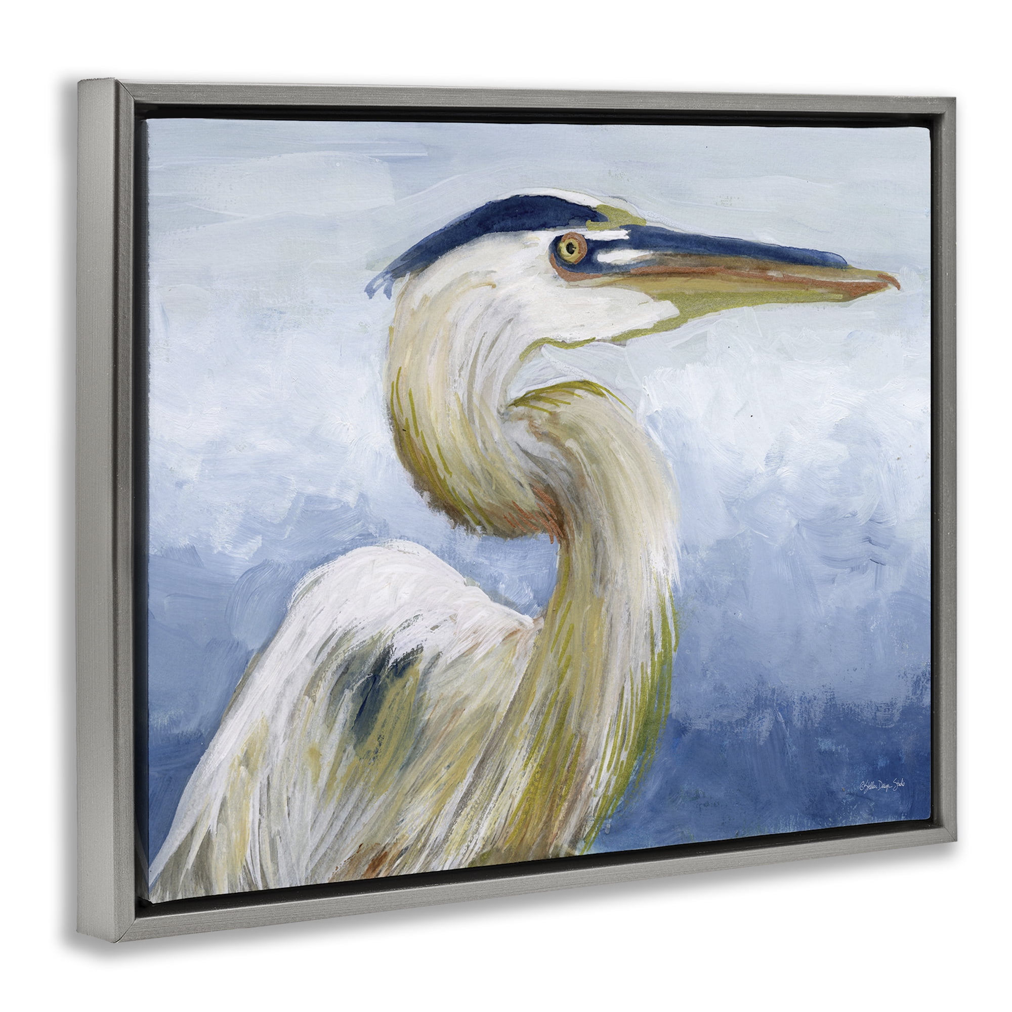 Stupell Industries Heron & Blue Gradient Animals & Insects Painting Gray Floater Framed Canvas Art Print Wall Art, 21 x 17