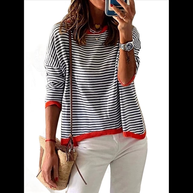 Suéteres de Mujer de Larga, Cuello Redondo, Rayas de Colores, Suéteres Casuales de Punto Negro & Rojo Anaranjado M