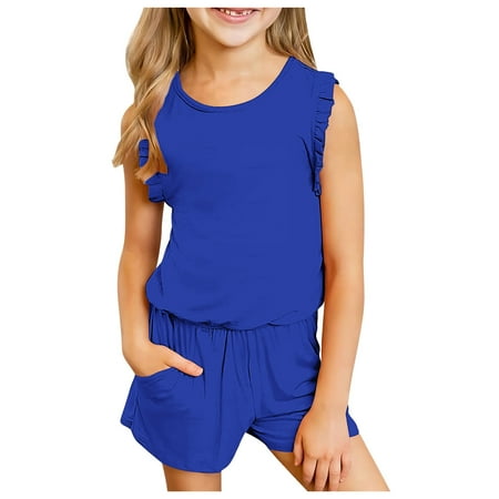 Xudanell Girls Summer Clothes Ruffles Sleeveless Solid T Shirt Top Shorts Outfits for Teen Girl Outfits Blue 8-9 Years