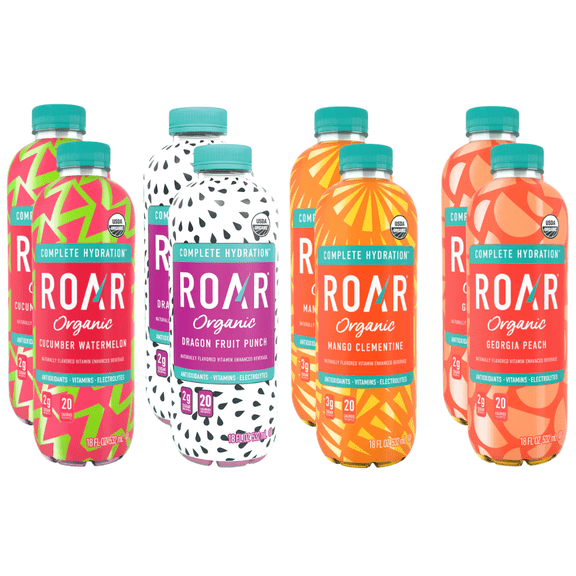 Roar Organic Electrolyte Infusions - 4-Flavor Variety Pack - with Antioxidants, B Vitamins, Low-Sugar, Coconut Water Infused Beverage 18 Fl Oz with Oasis Snacks Sticker (4 Flavor Variety, Pack of 8)