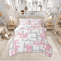 Manfei Pixel Geometric Bedding Comforter Set,Modern Abstract Geometric Twin Comforter Sets,Pink Gray White Bedding Set For Girls,Breathable Home Decor Reversible,2pcs