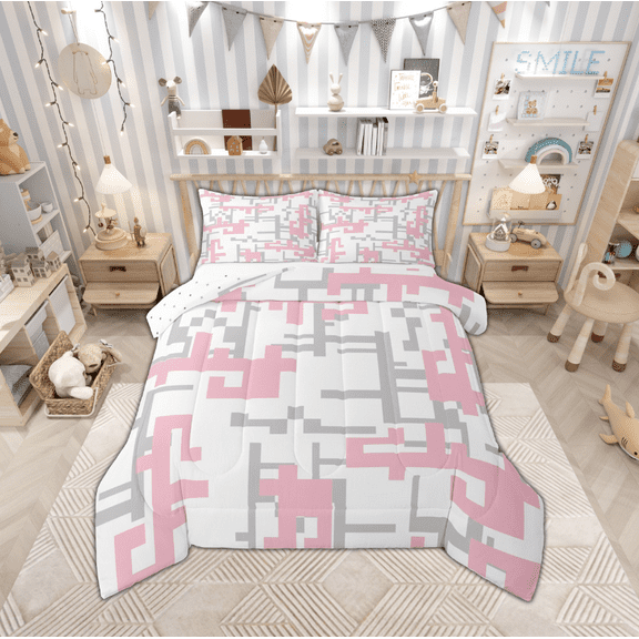 Manfei Pixel Geometric Bedding Comforter Set,Modern Abstract Geometric Twin Comforter Sets,Pink Gray White Bedding Set For Girls,Breathable Home Decor Reversible,2pcs