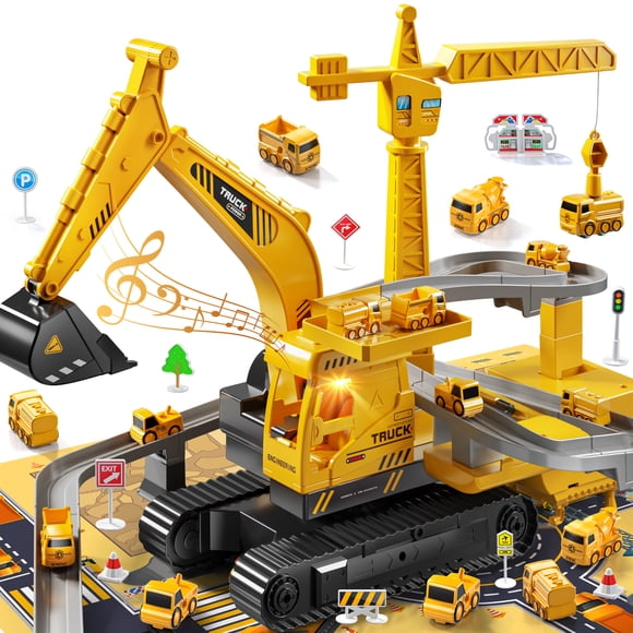 Ensemble de Jouet Excavatrice Multifonction avec Lumières, Sons et 8 Mini Camions pour Garçons de 3+ Ans, Jouet d'Aventure de Construction, Cadeau Parfait pour les Petits Ingénieurs