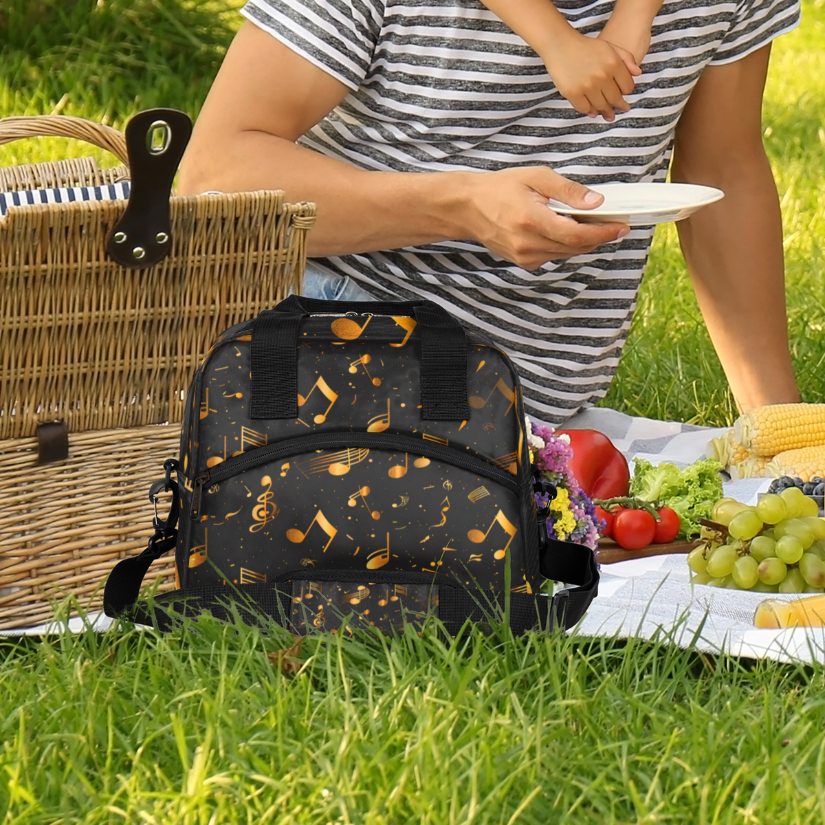 Herdesigns Music Insulated Lunch Bag for Women Men Adults Large Reusable Lunch Box Gold and Black Musical Notes Leakproof Cooler Tote Bags with Adjustable Shoulder Strap