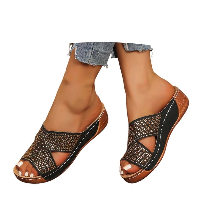 Women Fashion Open Toe Slippers Rhinestone Design 5cm Heel PU Material Comfortable Casual Slide Sandals Summer Wear
