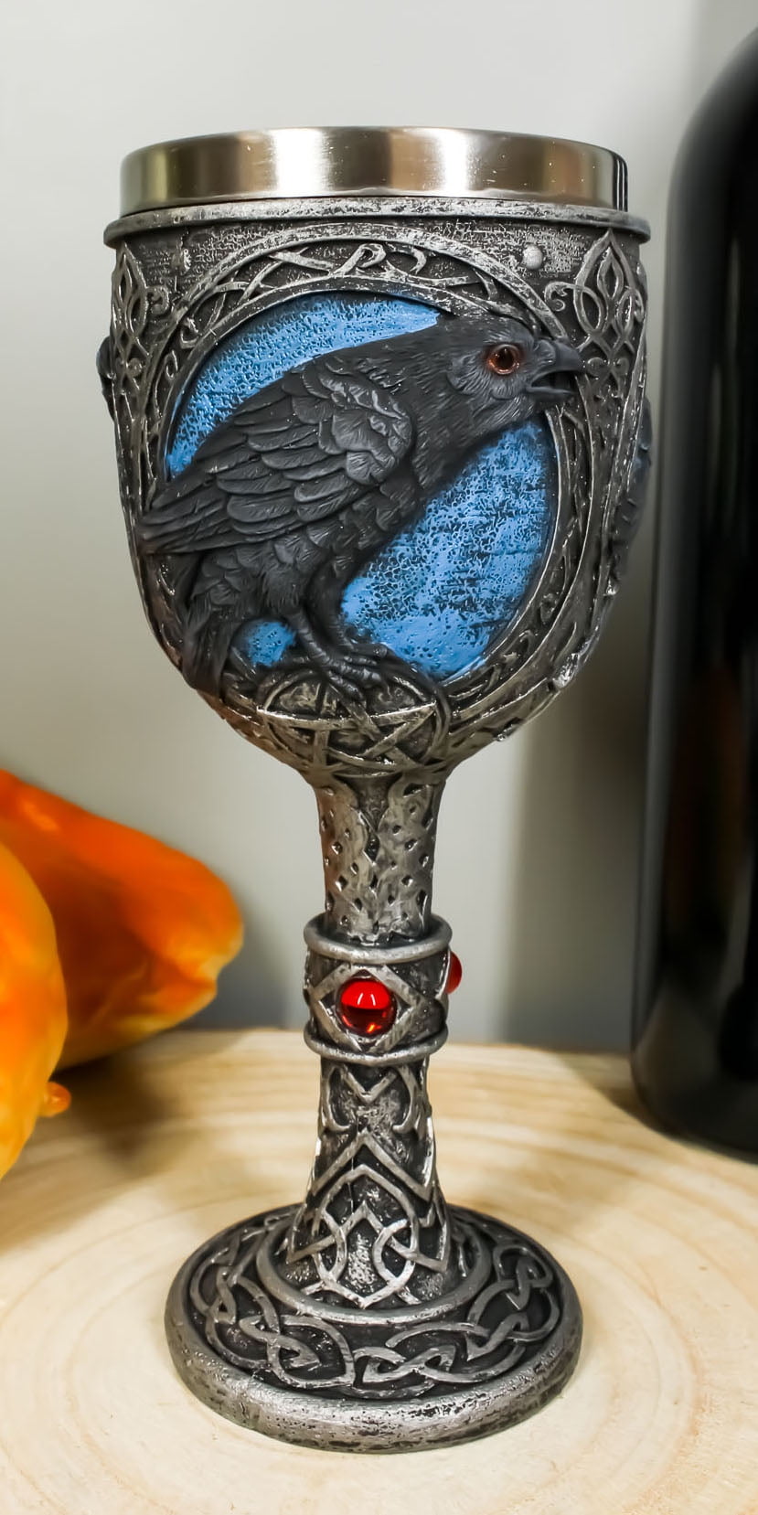 Ebros Moonlight Raven Crow With Celtic Tribal Tattoo Wine Goblet Chalice 7.25'H