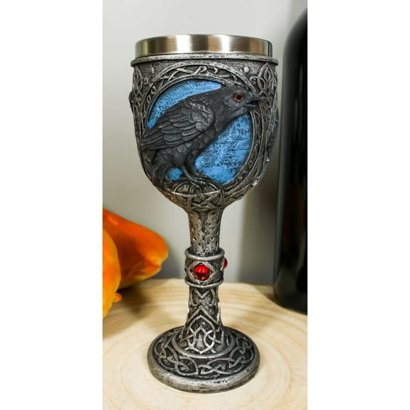 Ebros Moonlight Raven Crow With Celtic Tribal Tattoo Wine Goblet Chalice 7.25"H