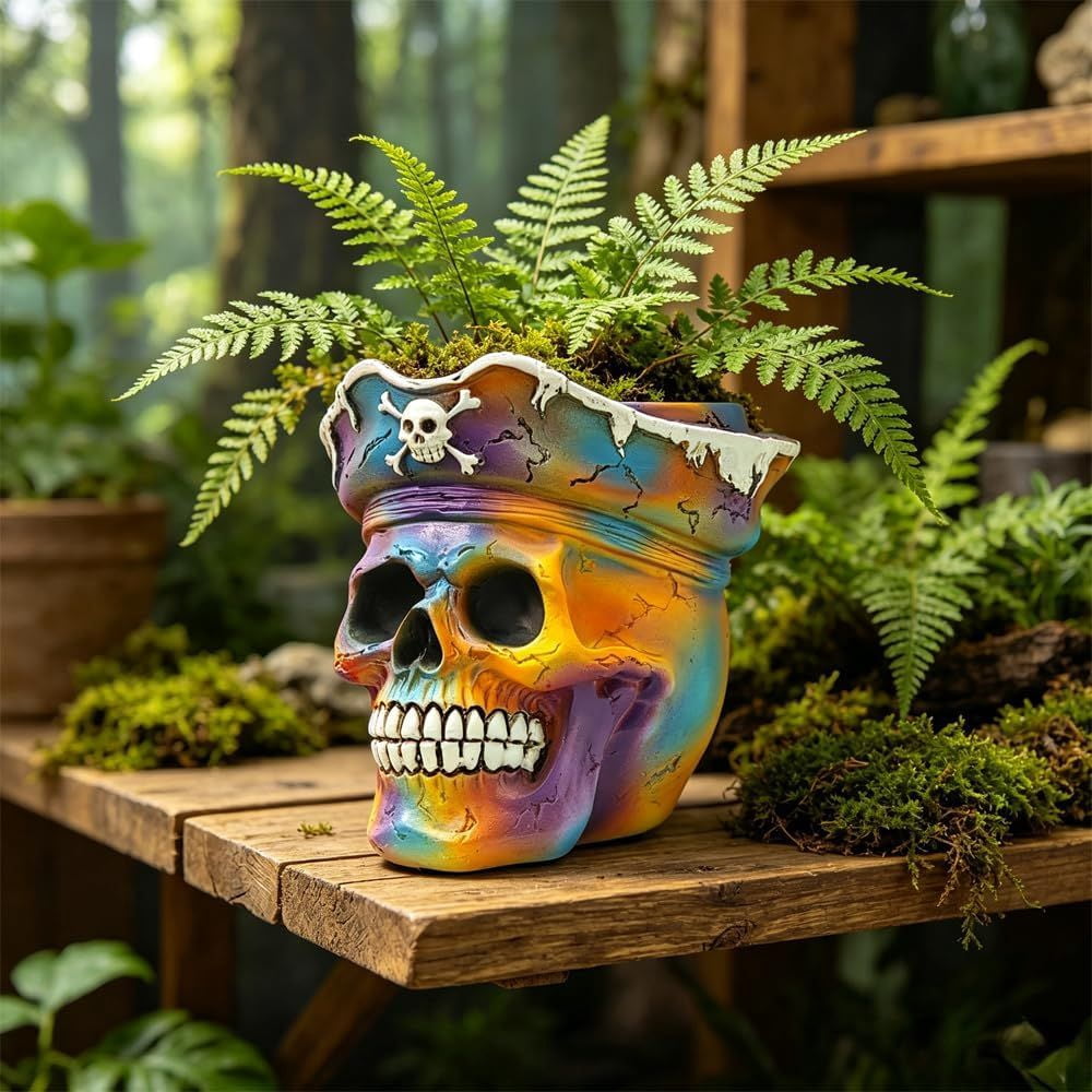 Pirate Skull Planter Flowerpot with Drainage Hole for Gothic Home Decor
