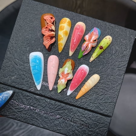Yihe Original [Summer Dopamine] Three-dimensional Flowers Tropical Flowers Multicolored Nail Art Pure Handmade Nail Wear
