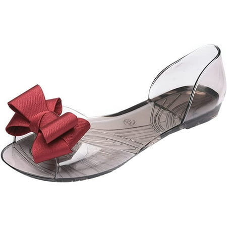 

CoCopeaunts Summer Clear Flat Sandals for Women Open Toe Jelly Sandals Comfy Beach Bow Flat Heel Shoes