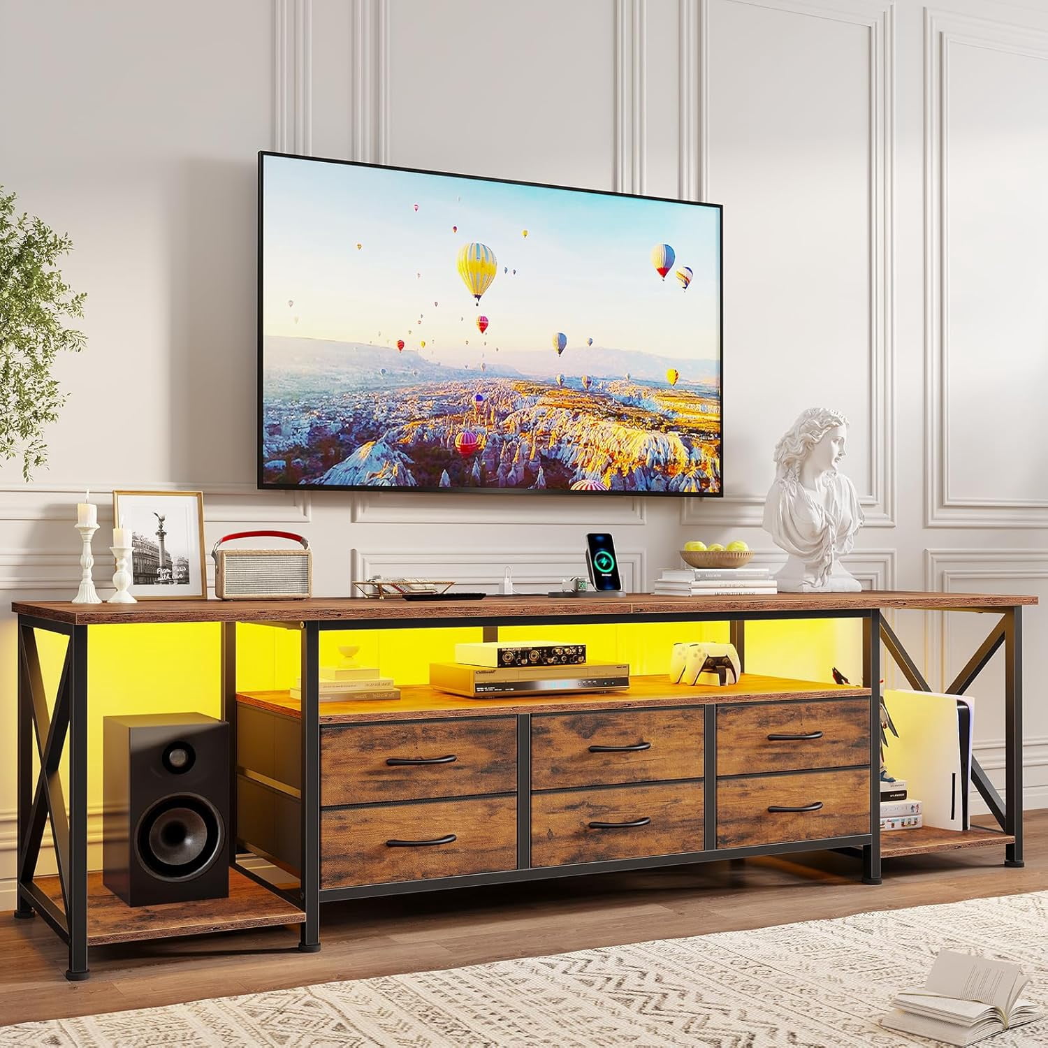Afuhokles TV Stand for 80 Inches TV, Entertainment Center with LED Lights and Power Outlets, 6 Fabric Drawers, Rustic Brown