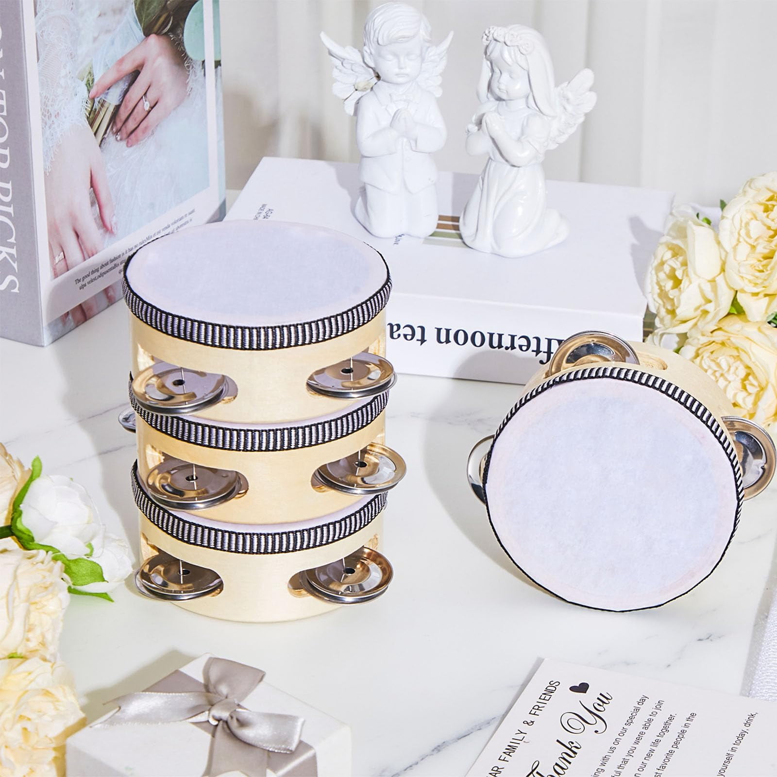 12 Pcs Tambourine Drum Bulk For Adults Hand Held Percussion Gift Operation Christmas Items Wood Metal Jingles Musical Educational Instrument Church Wedding Party Games(white)