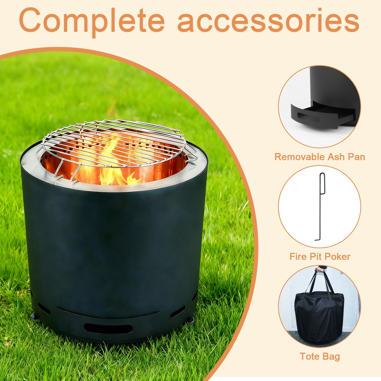 PATIO-IN 19 Inch Smokeless Fire Pit, Black Smokeless Firepit Outdoor with Poker Grill Grates and Carry Bag , Portable Outdoor Camping Fire Bowl for Patio Backyard Garden