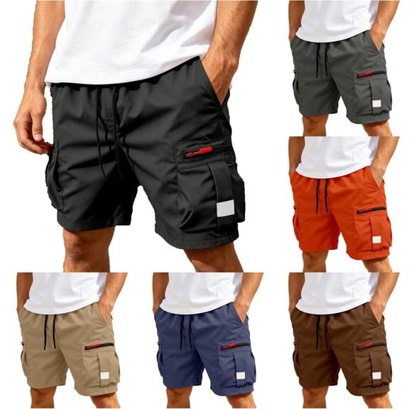 XIAONU Men's Cargo Athletic Shorts Drawstring Waist Zipper Pockets Daily Shorts