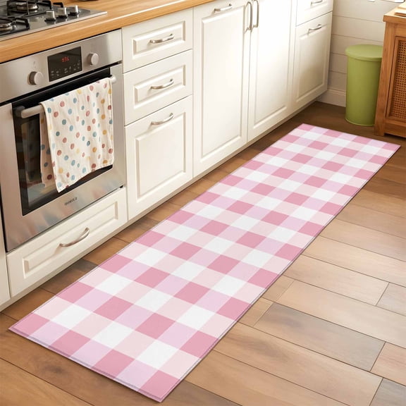 2'x6' Rug Runners for Hallways Kitchen, Pink Plaid Non Slip Entryway Beside Floor Carpet Runner, Spring Farmhouse Buffalo Checkered Washable Laundry Room Bedroom Throw Rugs Mat for Family Pet