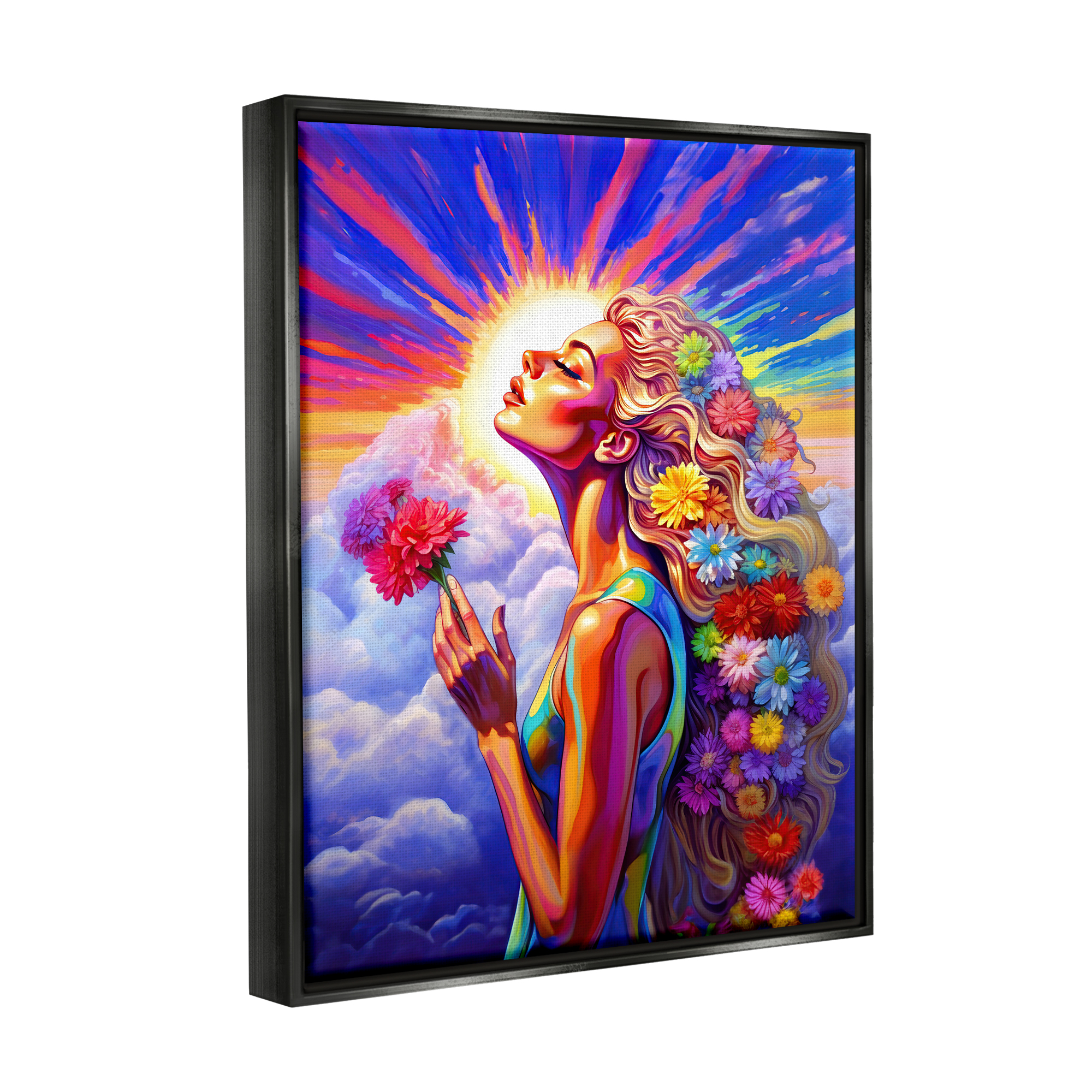 Stupell Industries Woman & Sun Rays Botanical & Floral Painting Black Floater Framed Canvas Art Print Wall Art, 25 x 31