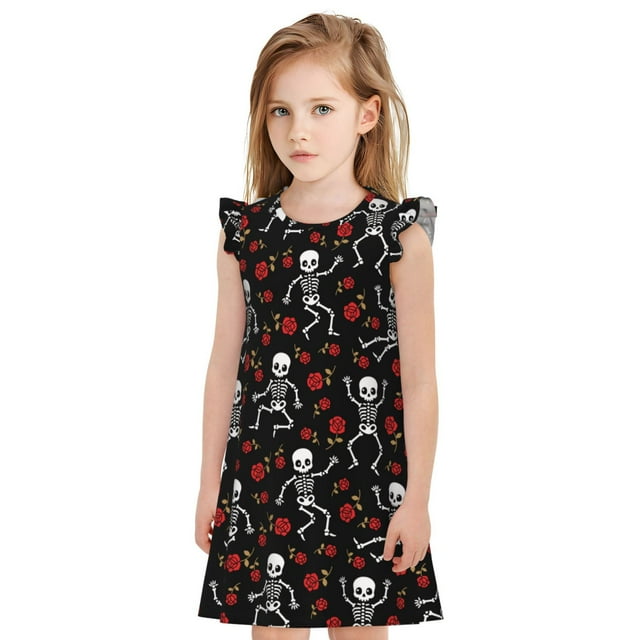 Naloa Squelette avec Imprimé Roses Vêtements de Nuit pour Filles, Robe de Nuit, Pyjamas, Chemise de Nuit pour Tout-Petits - Grande