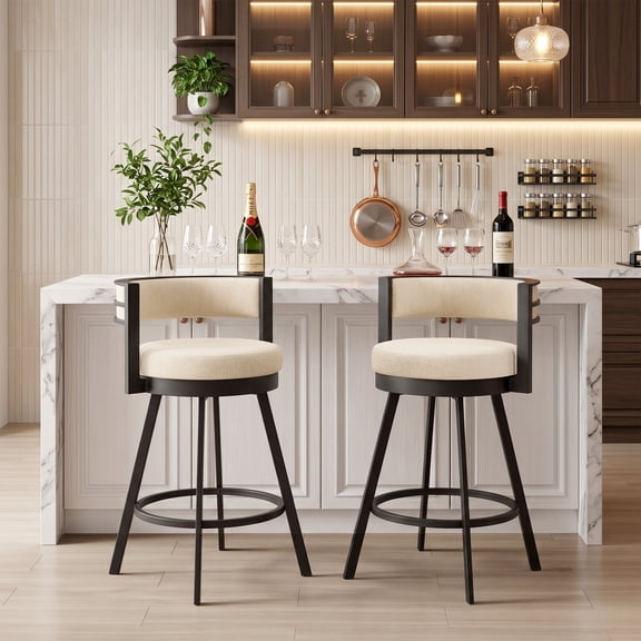 Zesthouse 26.6″ Swivel Bar Stools Set of 2, Linen Upholstered Counter Stools with Barrel Back and Metal Legs, Modern Counter Height Barstools for Kitchen Island, Beige