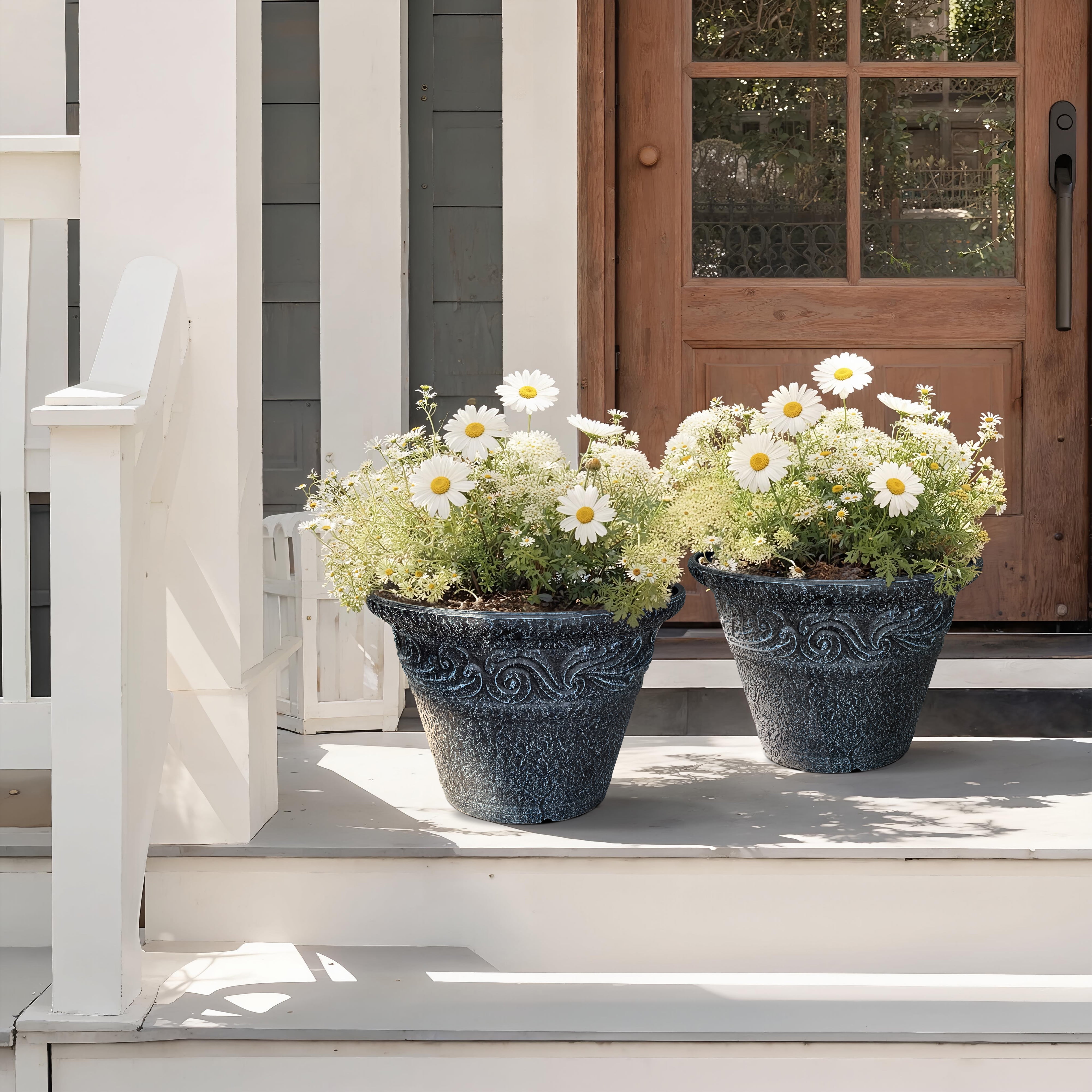 12 in. Dia Two-piece Set Of Classical Relief Flower Pots for Indoor/Outdoor Plants (Set of 2) in Dark Blue