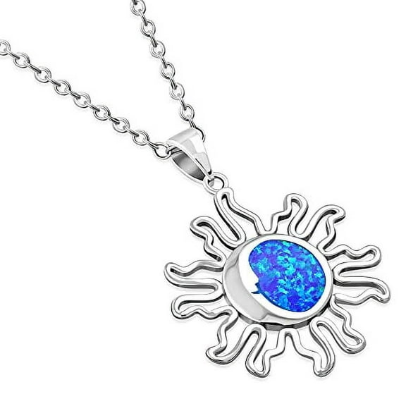 My Daily Styles - Sun and Moon Necklace - Celestial Pendant Necklace Adorned with Gorgeous Blue Simulated Opal Stone - Alluring 925 Sterling Silver Necklace
