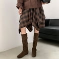 thumbnail image 3 of Strappy Knee High Boots Women Suede Round Toe Hidden Wedge Low Heel Mid Calf Booties Fall Winter Casual Pull on Stretch Long Boots Brown 4.5, 3 of 6