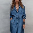 thumbnail image 3 of Morttic Women's Elegant Lapel Long Sleeve Button Down Shirt Dress – Drawstring Waist Casual Split Dress with Side Pockets Navy Blue，L, 3 of 5