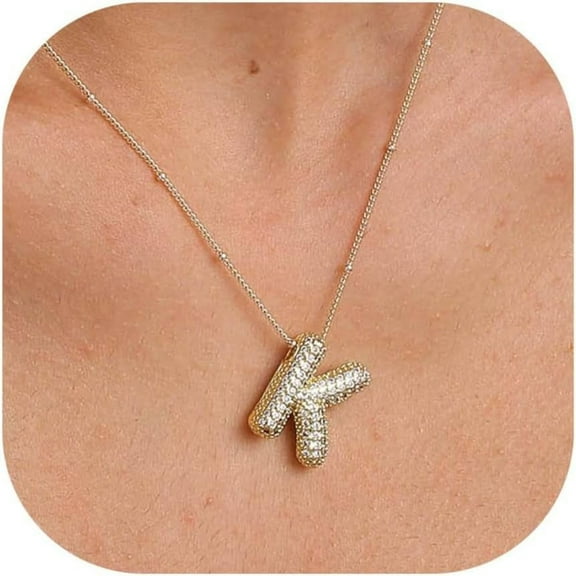 Bubble Letter Necklace Gold For Women Dainty Balloon Initial Cubic Zirconia Necklaces 14K Gold Plated Alphabet Pendant Necklace Personalized Jewelry Gift[o613]