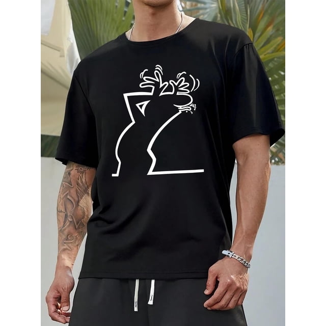 Summer New Style Japanese Print Large Size Men'S Short Sleeve Men'S Fashion Top - Geometric Pattern, Round Neck, Polyester Blend, Suitable for Adults, Casual Style, Perfect for Summer Tee For Adult,