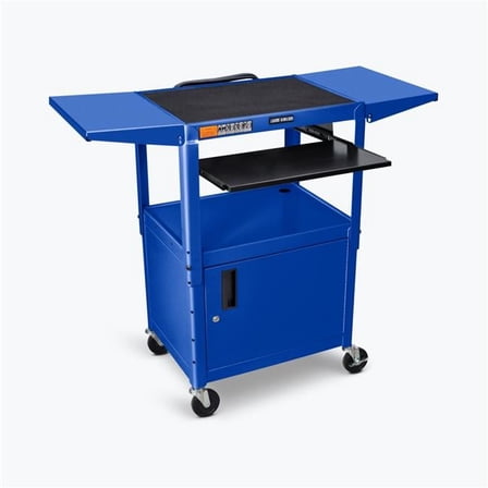 Adjustable Height Steel AV Cart with Pullout Keyboard Tray Drop Leaf Cabinet, Blue