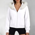 thumbnail image 2 of Sevevn Women's Faux Fur Trim Hooded Zip Up Jacket Cropped Long Sleeve Soft Fleece Hoodie Coat Casual Lightweight Outerwear White L, 2 of 9