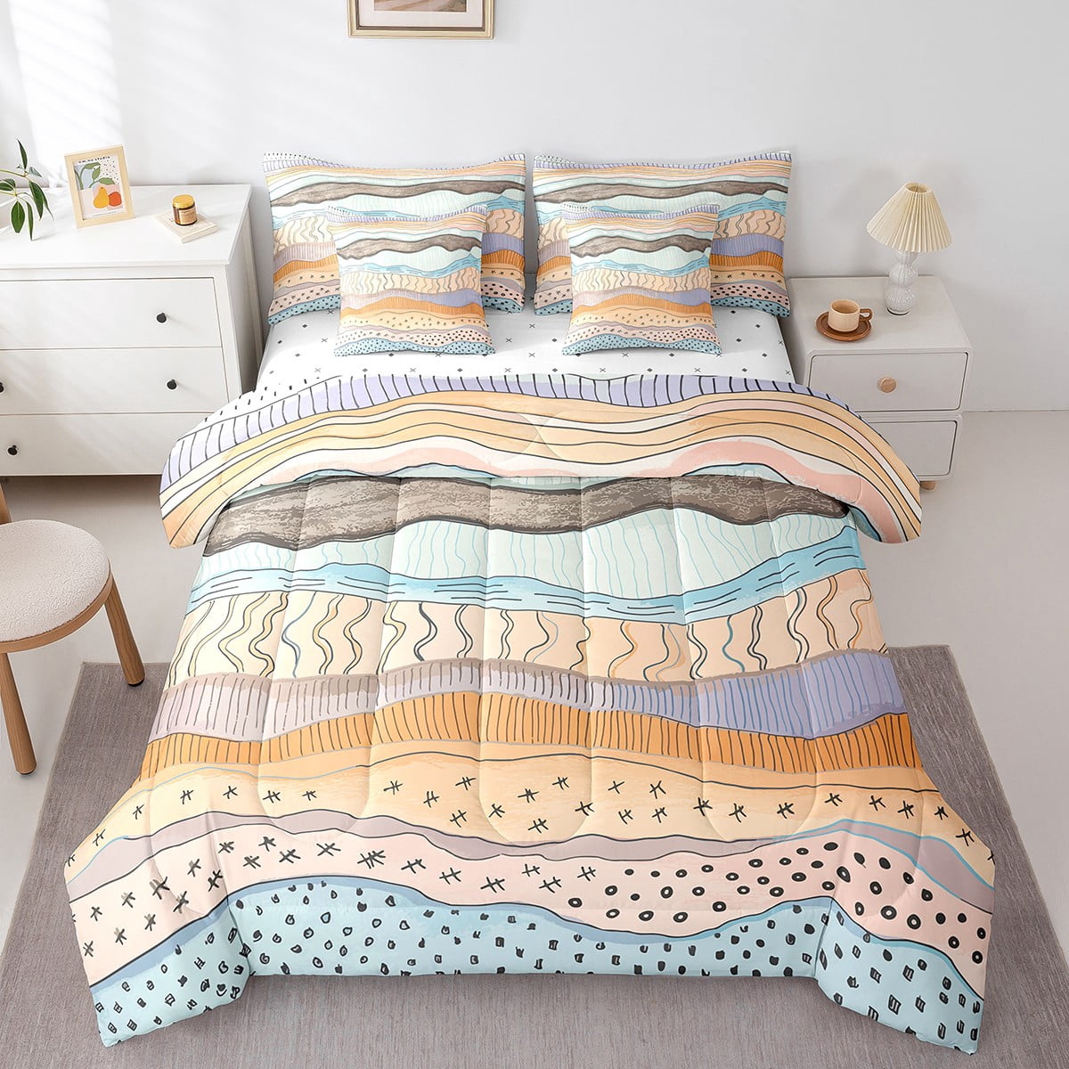 YST Geometric Wave Bedding Comforter Set, 7-Piece, Modern Abstract Art, Twin