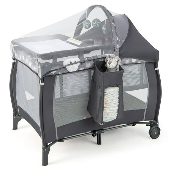 Gymax 4-in-1 Portable Baby Playard Nursery Center Bassinet w/ Music Box Canopy & Net