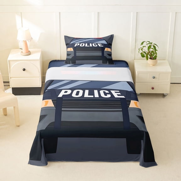 Manfei Police Car Twin Sheets,Boys Friendly Theme Bedding,Gray,3-Piece,1 Fitted Sheet and 1 Pillowcase