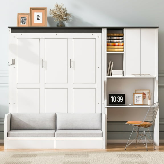 Harper & Bright Designs Full Size Murphy Bed with Sofa, Wooden Full Cabinet Bed Wall Bed with Storage Cabinet, Folding Wall Chest Bed with Desk for Guest Room, White