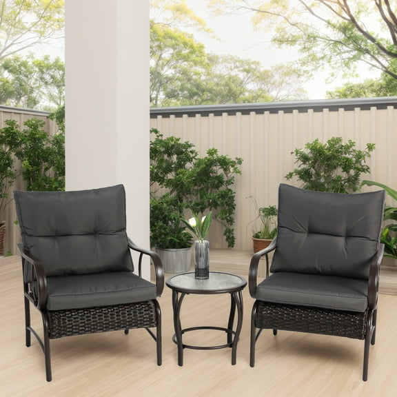 Enyopro 3-Piece Patio Furniture Set, Outdoor Wicker Conversation Set with Coffee Table, All-Weather Rattan Chairs & Cushions, Modern Patio Seating for Garden, Balcony, or Backyard, Gray